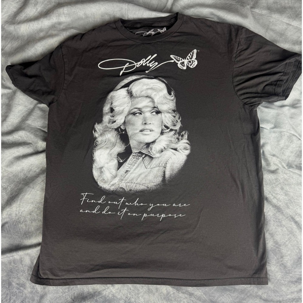 Dolly Parton Graphic Tee Shirt Charcoal Gray Portrait Quote Butterfly Large